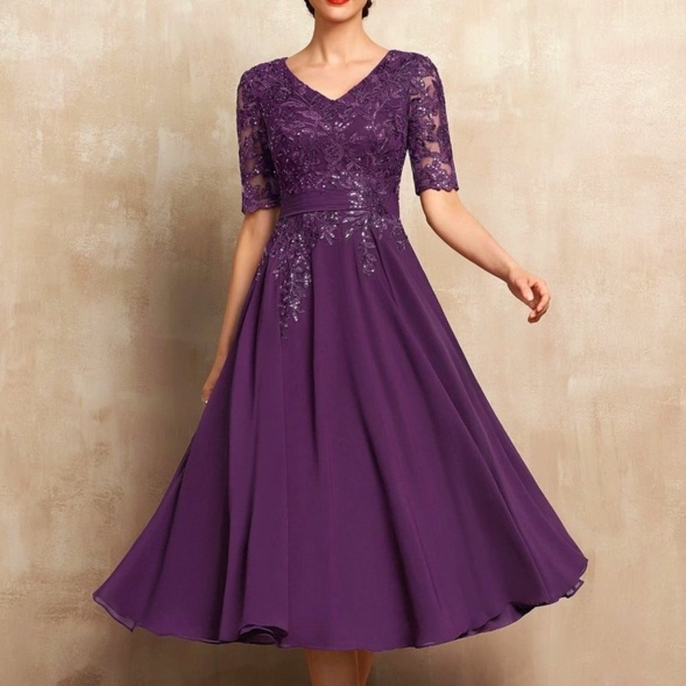NWT Wedding Guest MOTB Semi-Formal Tea Length Sequin Dress w Lace